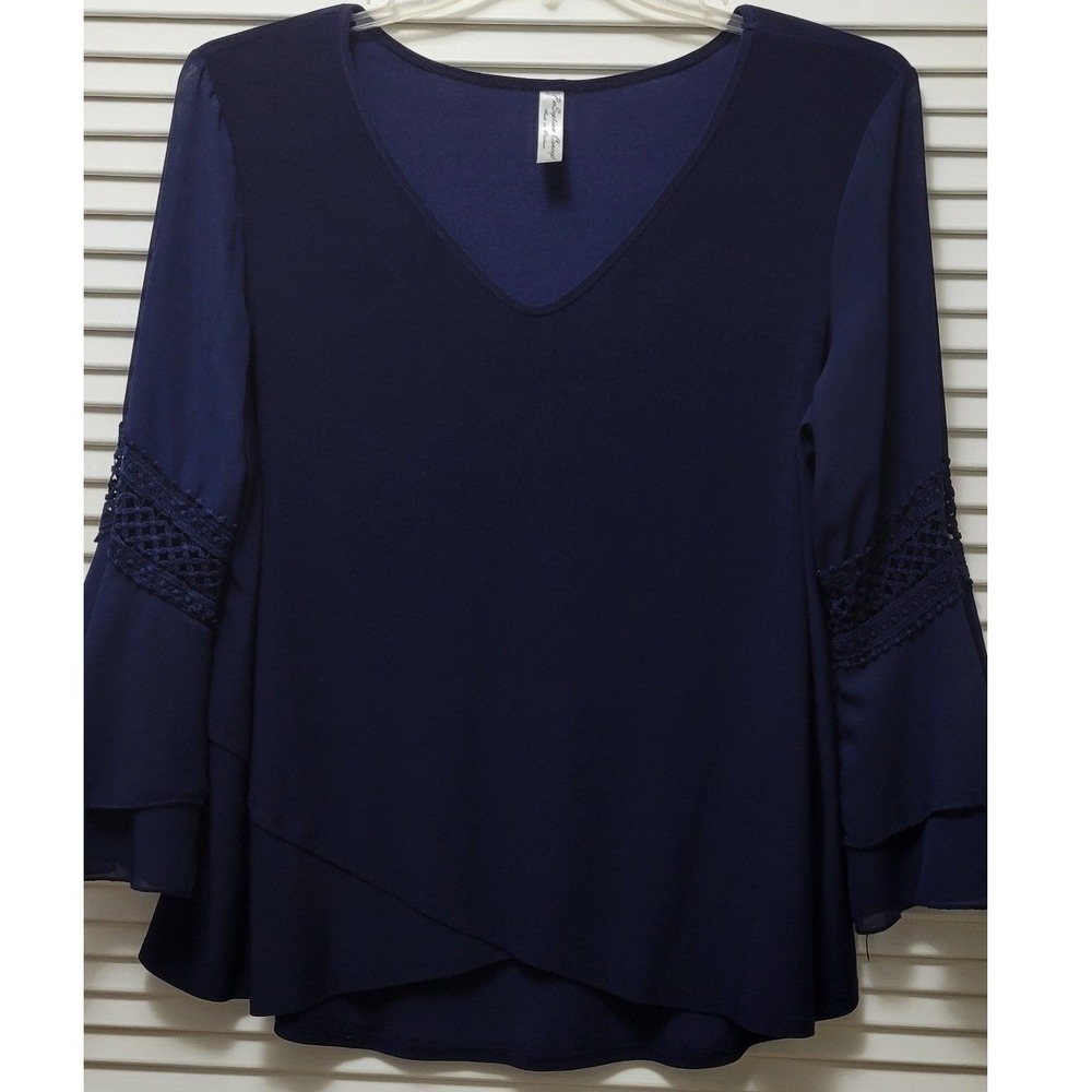 PerSeption Concept Navy Blue V-Neck Crochet Lace Ruffle Sleeve Blouse XL 113780